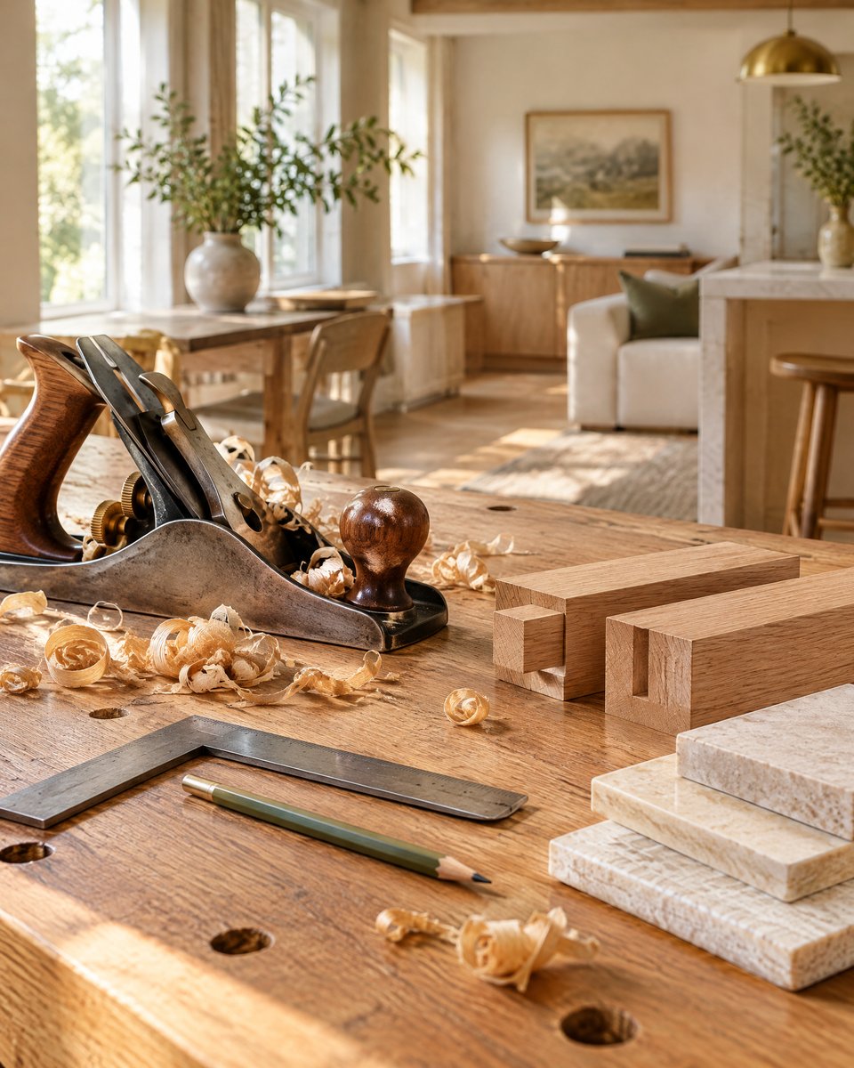 AI-generated craftsmanship concept with oak joinery, a hand plane, and natural material samples
