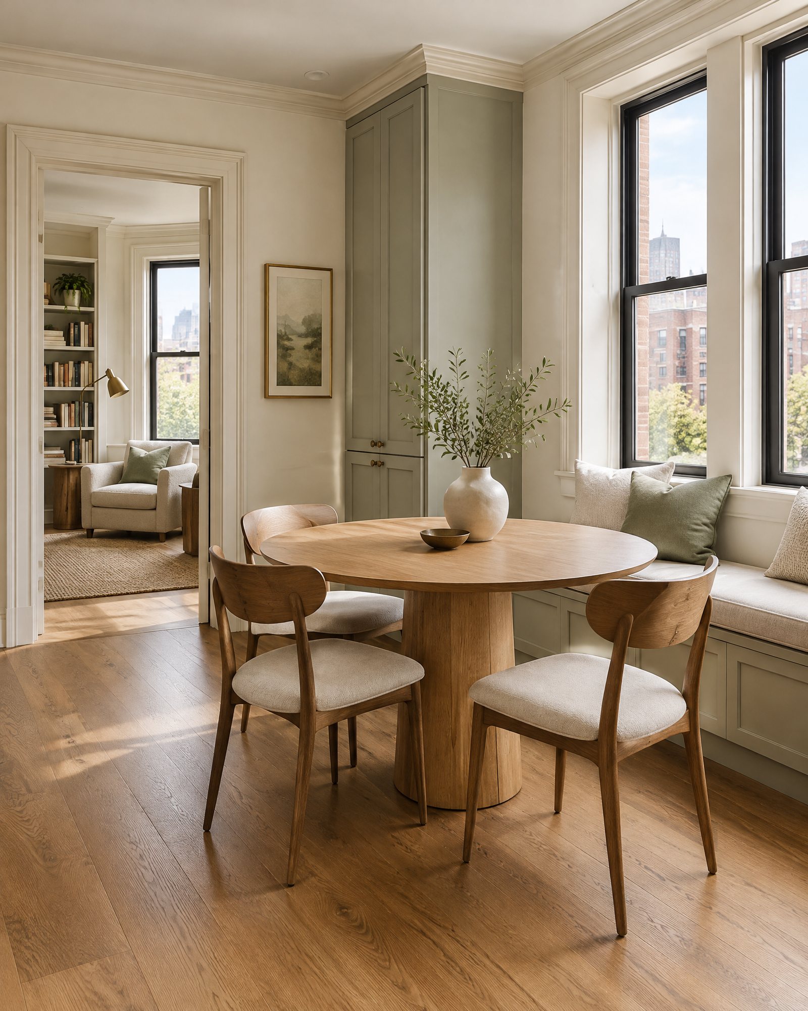 AI-generated apartment concept with a window seat and a compact oak dining area