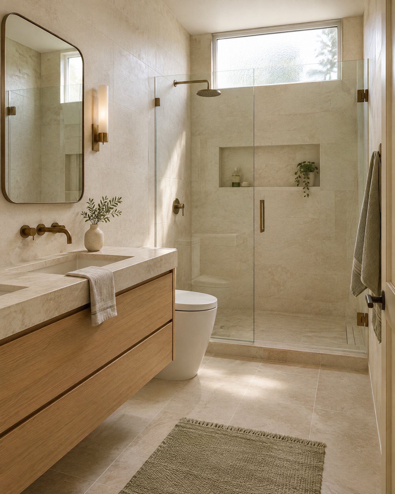 AI-generated bathroom concept with an oak vanity, light stone and a glass shower