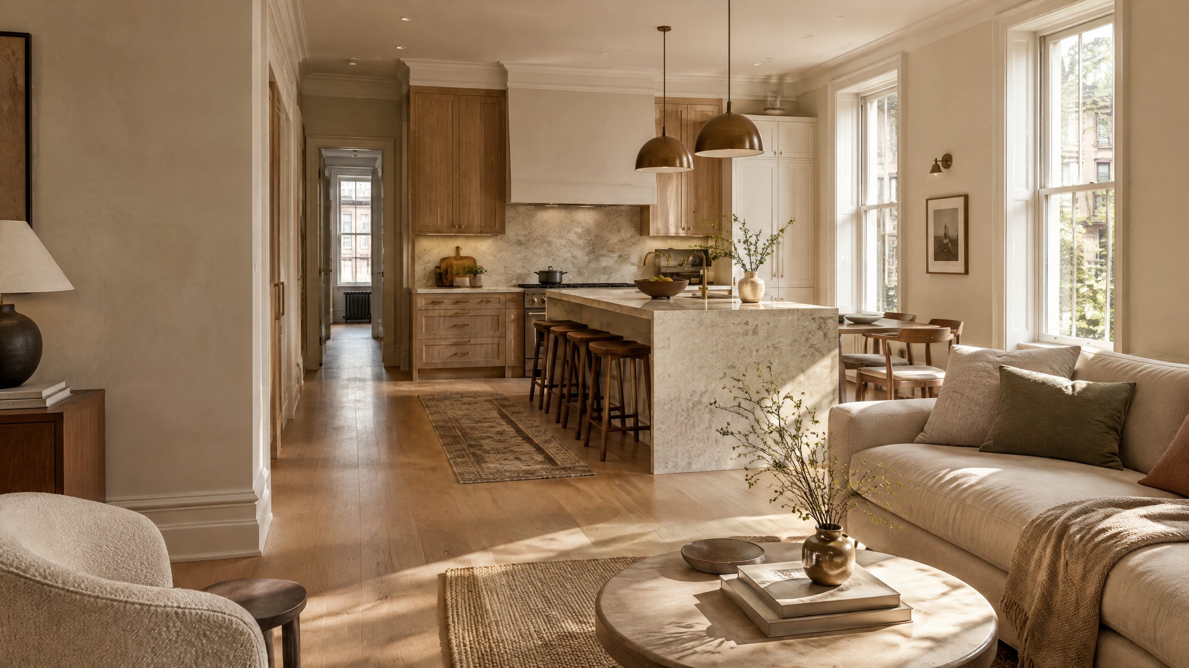 AI-generated design inspiration: warm oak kitchen and inviting brownstone living space