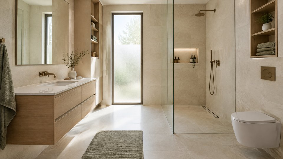 AI-generated bathroom planning concept with oak storage, an ivory vanity and a separate walk-in shower