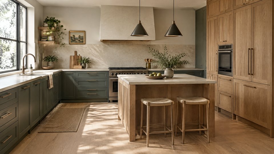 AI-generated kitchen-scope concept showing sage cabinets, oak joinery, stone counters and appliances