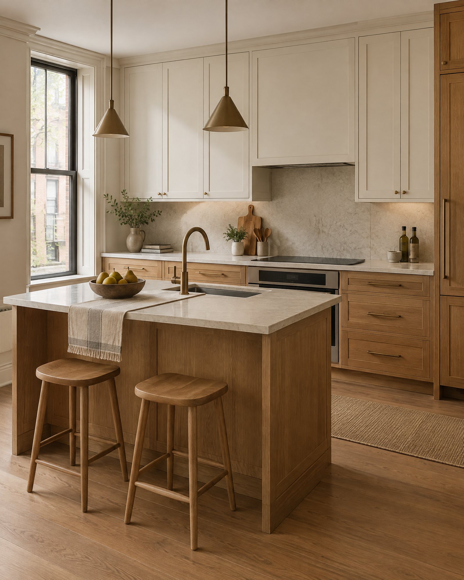 AI-generated kitchen concept with oak cabinetry, an ivory island and bronze details