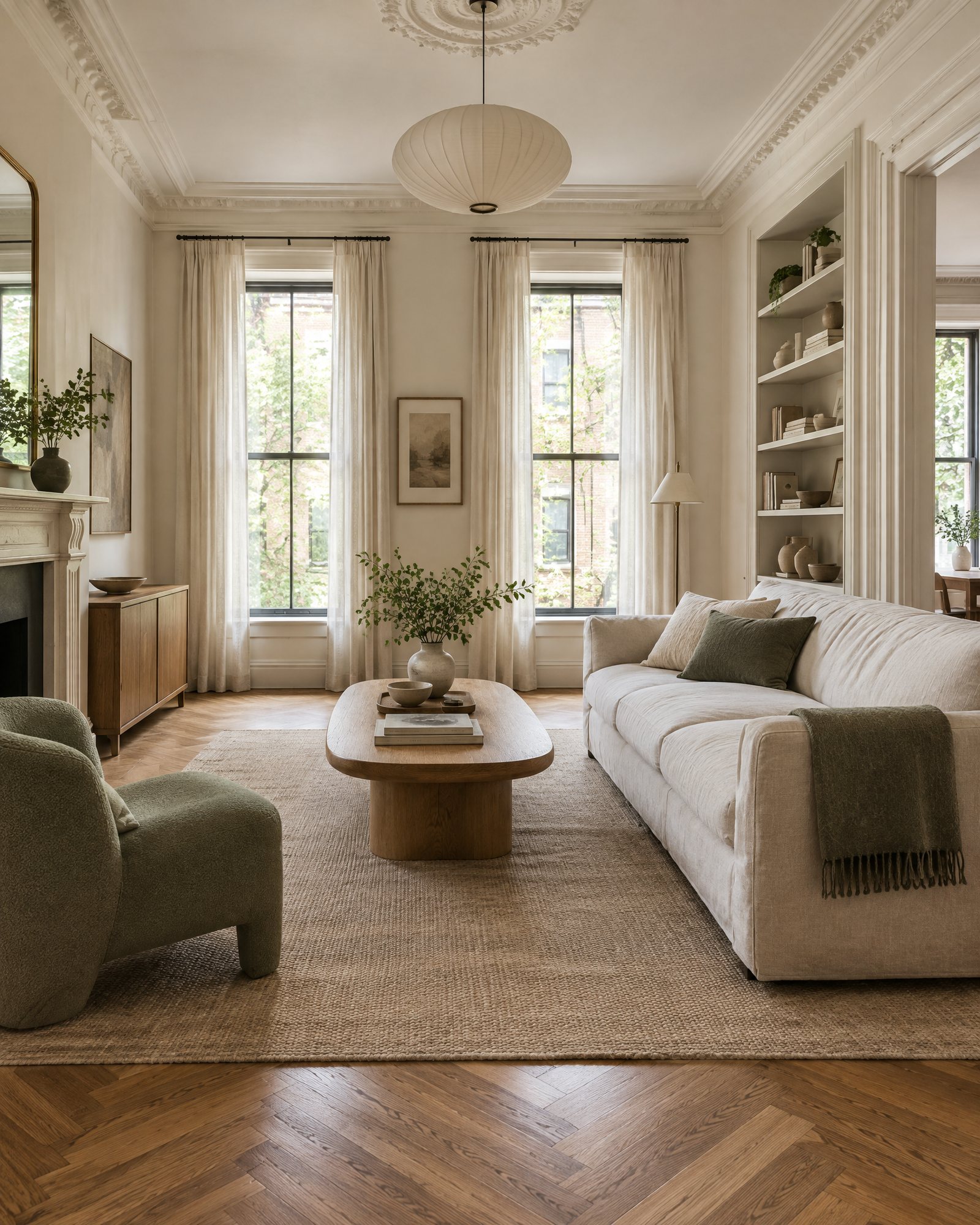 AI-generated whole-home interior concept with natural oak floors and soft daylight