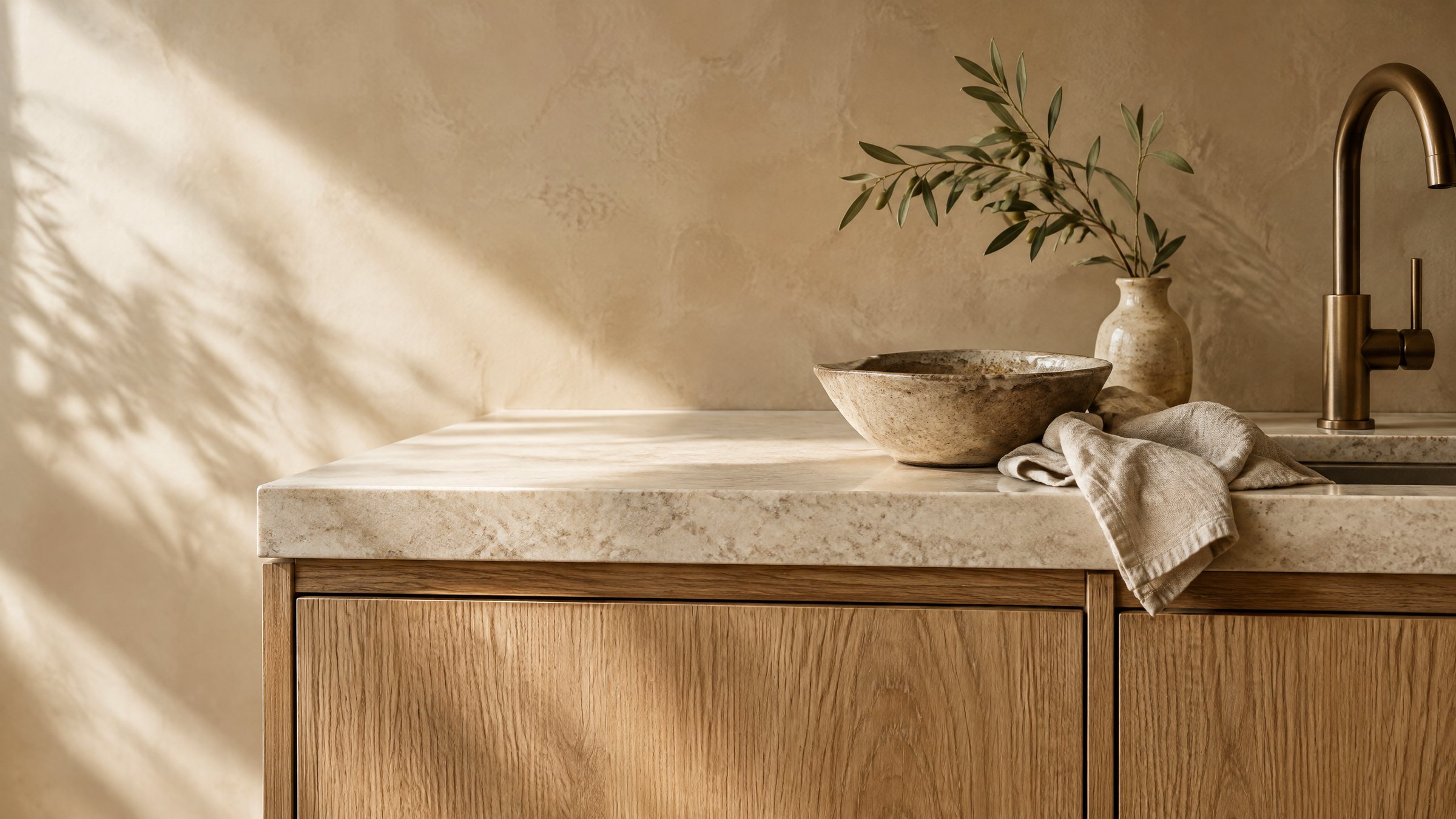 AI-generated design detail showing natural oak, honed stone and bronze finishes