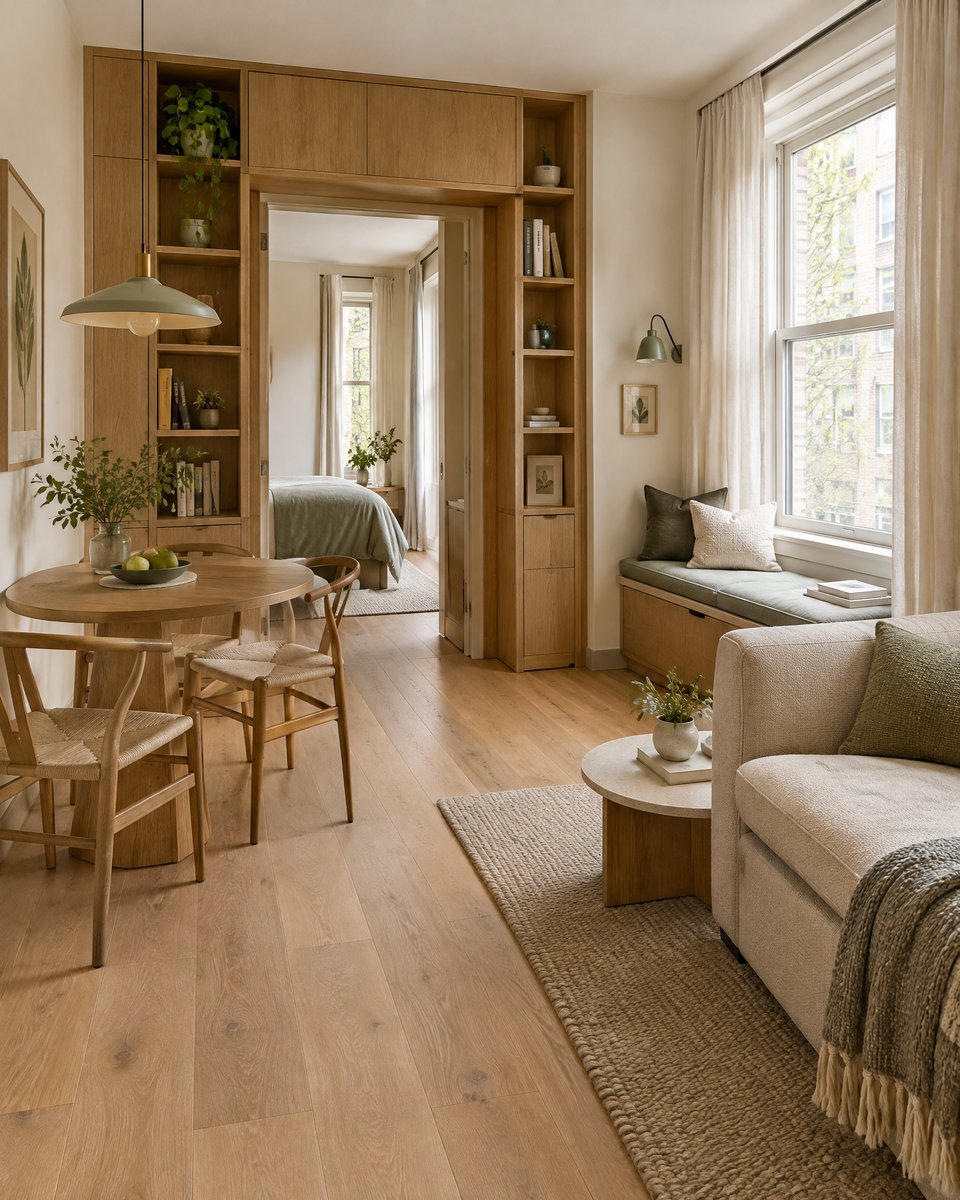 AI-generated design inspiration: Compact apartment concept with built-in storage and a window seat