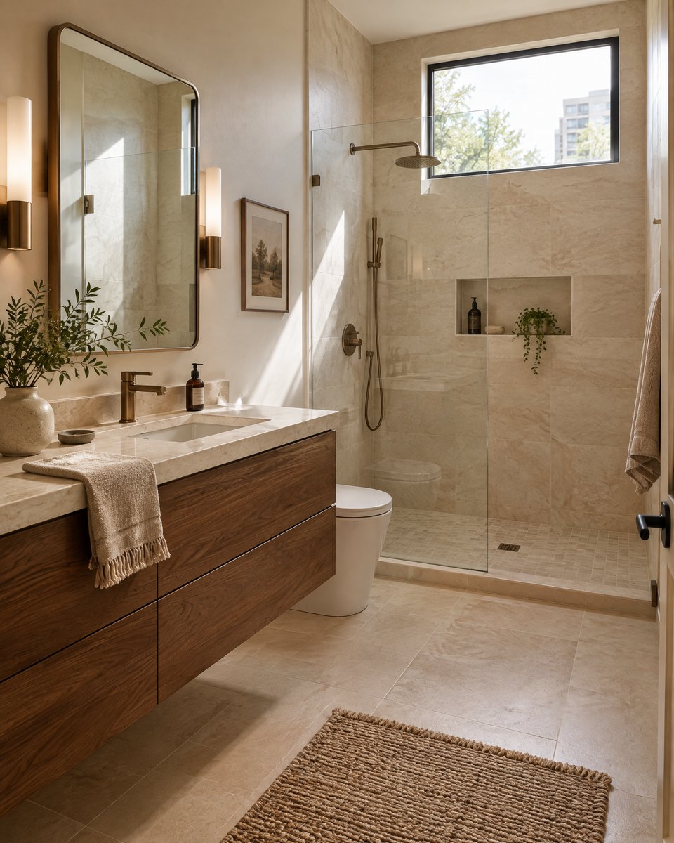 AI-generated design inspiration: Warm stone bathroom concept with walnut vanity and a glass shower