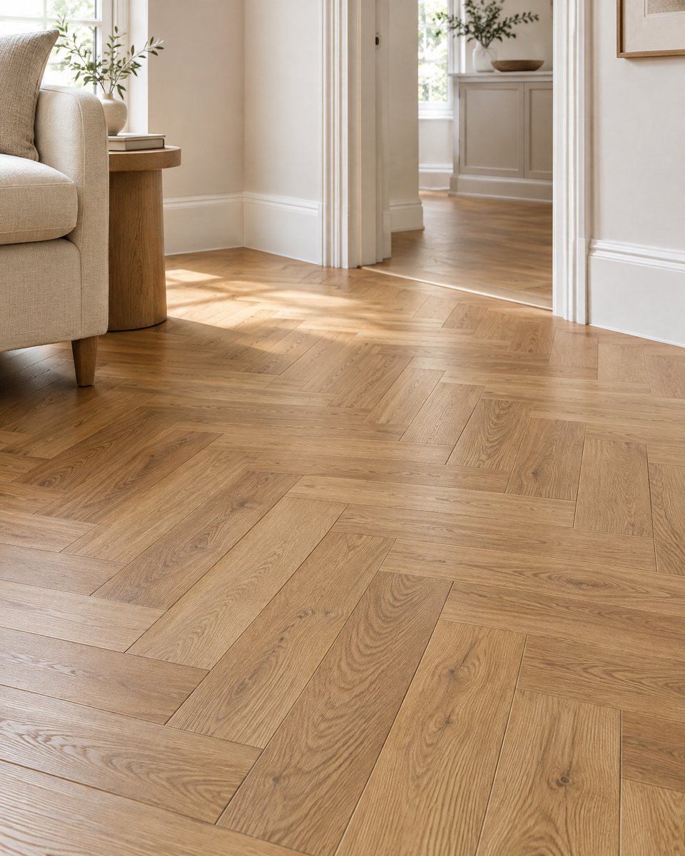 AI-generated design inspiration: Natural oak herringbone flooring design concept with precise board layout