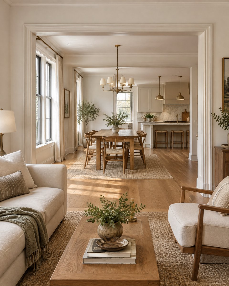 AI-generated design inspiration: Connected living, dining and kitchen design concept with consistent natural materials