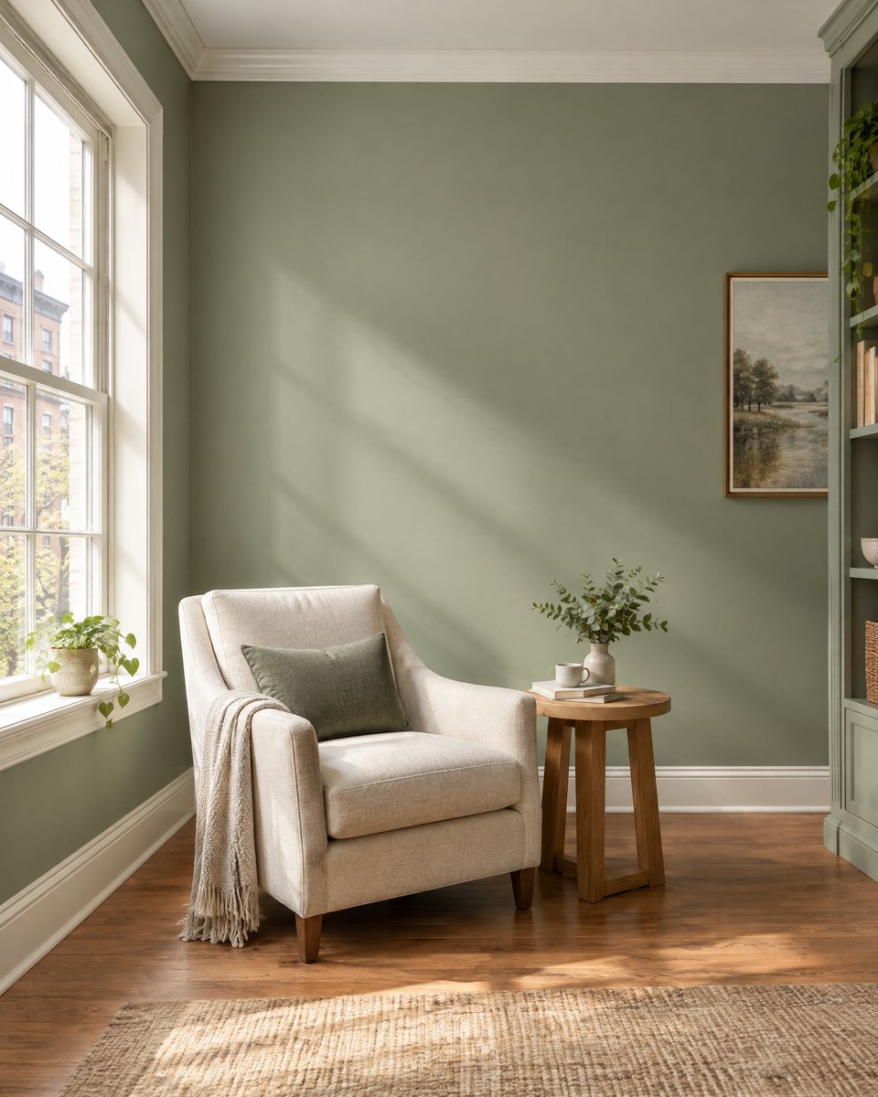 AI-generated design inspiration: Sage interior paint concept with crisp ivory trim and a reading nook
