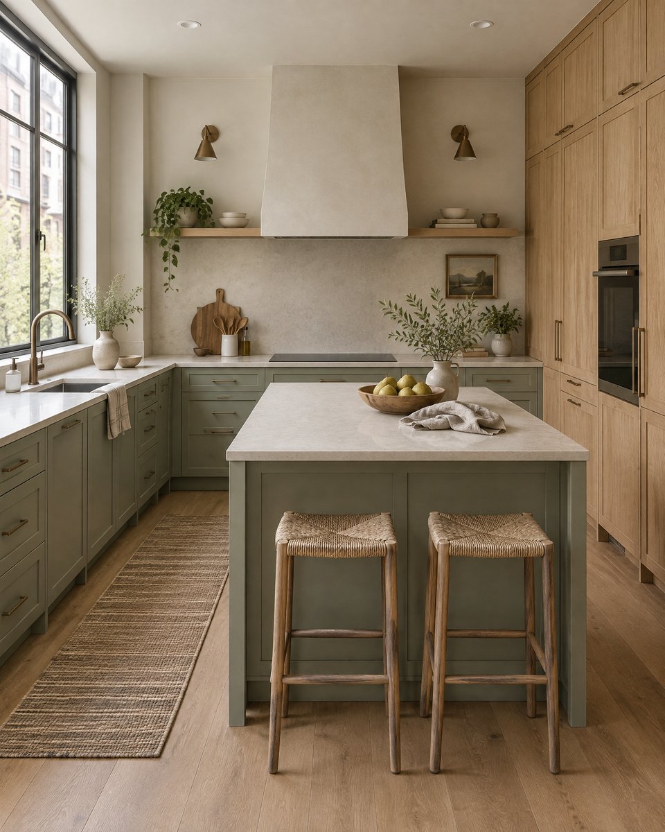 AI-generated design inspiration: Sage and oak kitchen concept with a stone island and natural light