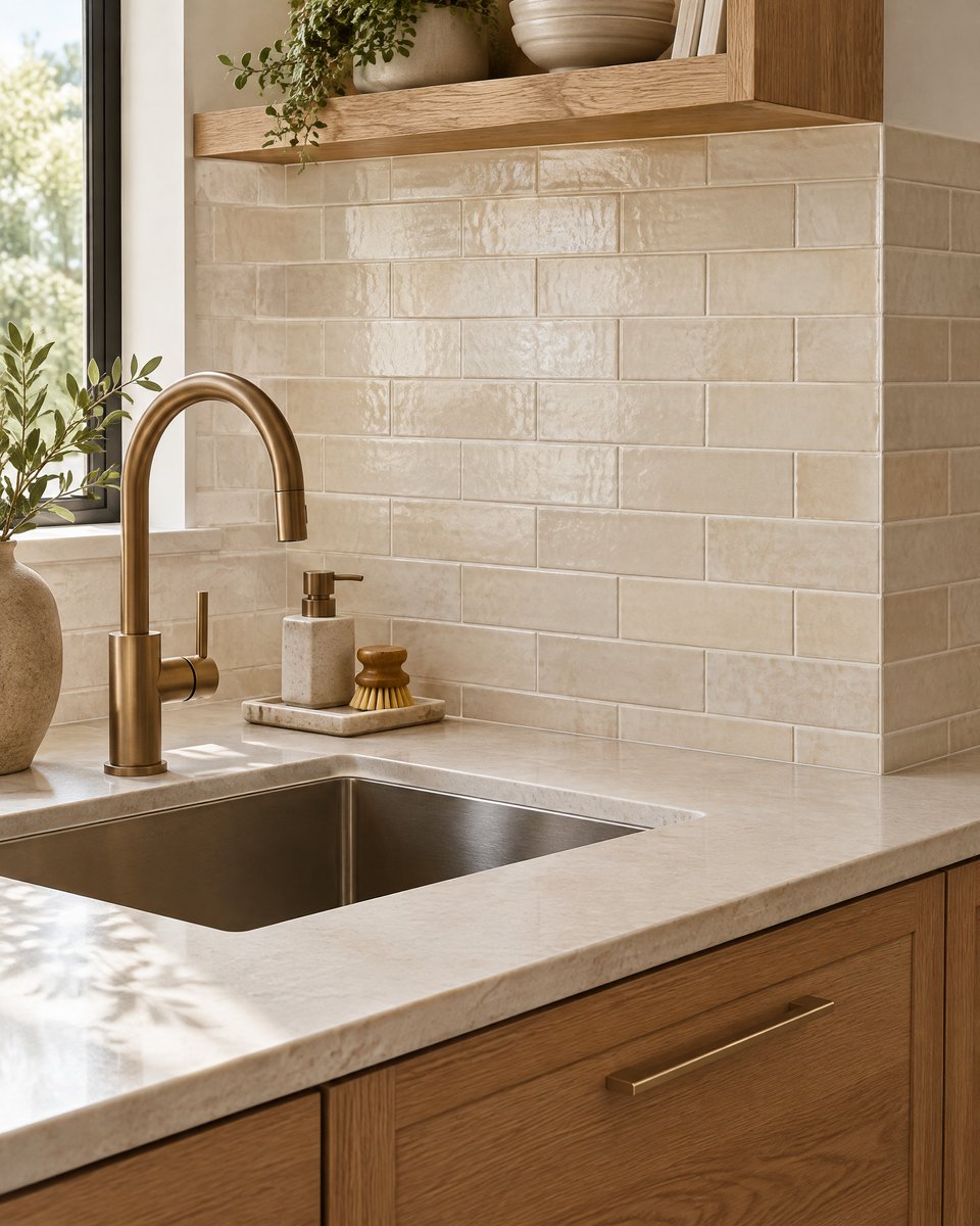AI-generated design inspiration: Ivory tile backsplash concept with aligned grout and a stone counter